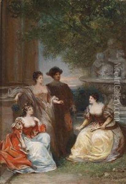 Elegant Group In A Park Oil Painting - B. Delaroche