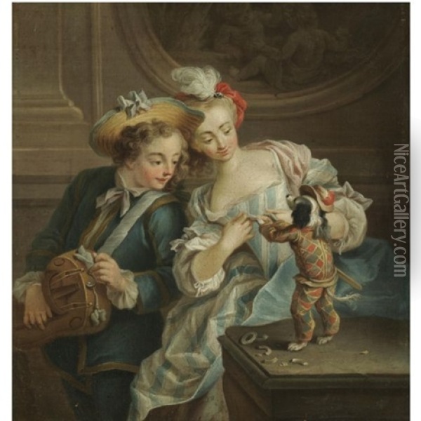 A Young Boy And Girl Dressing Up A Small Dog Oil Painting - Jean-Baptiste Charpentier the Elder