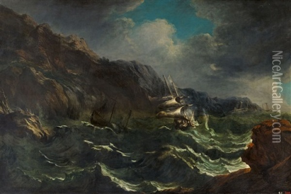 Ships In Rough Seas Oil Painting - Matthieu Van Plattenberg