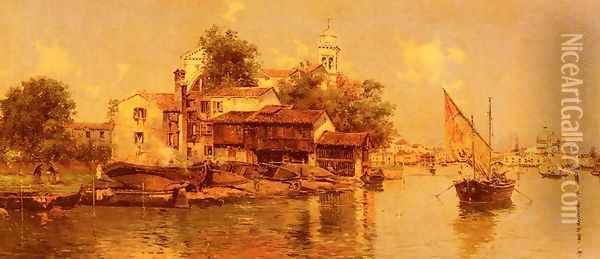 A Boathouse in Venice Oil Painting - Antonio Maria de Reyna