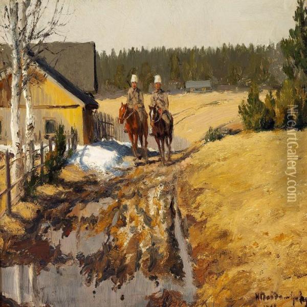 Calm Autumn Day With Two Cossacks In A Village Oil Painting - Ivan Alexeievitch Vladimirov