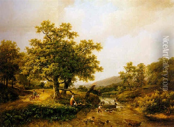 A Summer Landscape With Figures Near A Stream Oil Painting - Marinus Adrianus Koekkoek