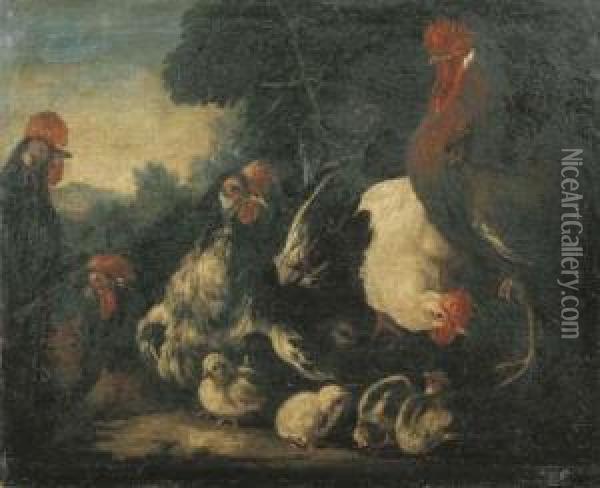 Galline E Pulcini En Plein Air Oil Painting - Angelo Maria Crivelli, Il Crivellone