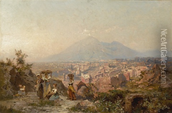 Maidens On A Hill Overlooking Pompeii, Vesuvius Beyond Oil Painting - Franz Richard Unterberger