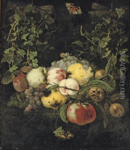 A Garland Of Mixed Fruit With A Butterfly Nearby Oil Painting - Jan van Kessel the Elder