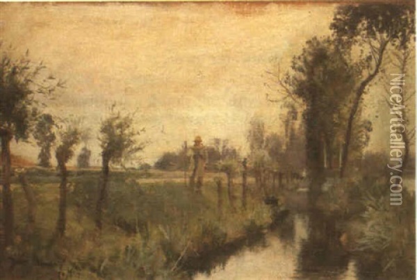 A Farmer Beside A Stream Oil Painting - Sir David Murray