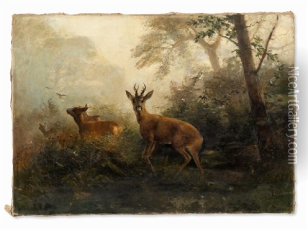 Forest Clearing With Deer Herd Oil Painting - Christian (Johann Christian) Kroener