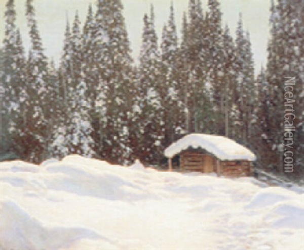 Northern Spires, A Prospector's Cabin Oil Painting - Francis Hans Johnston