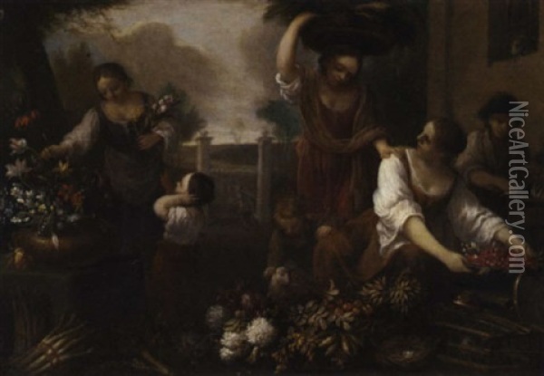 Women And Children Arranging Flowers In The Grounds Of A Building Oil Painting - Nicola Casissa