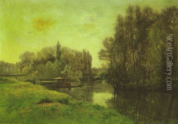 A River Landscape With A House On A Jetty And A Bridge Beyond Oil Painting - Gabriel Mathieu