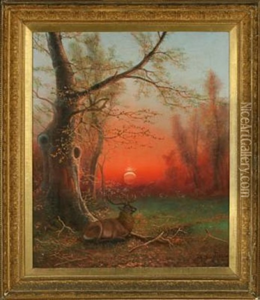 Deer By Sunset Oil Painting - Nils Hans Christiansen