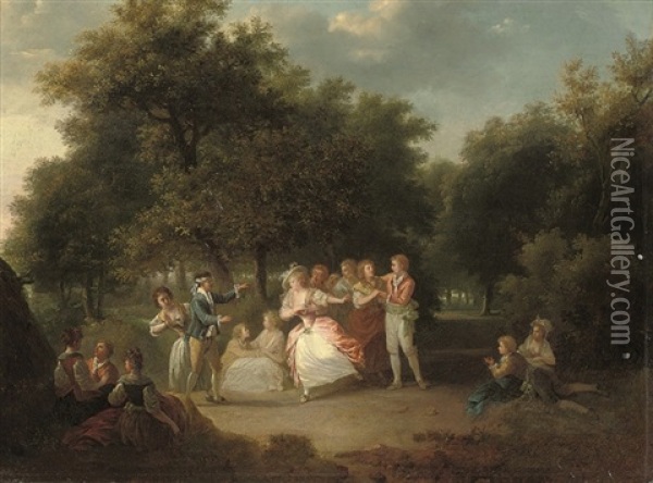 Elegant Company Playing Blind Man's Buff In A Wooded Landscape Oil Painting - Jean-Frederic Schall