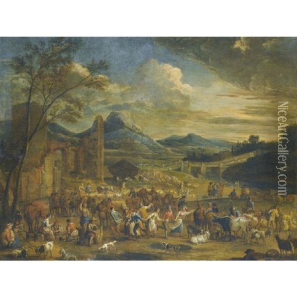 An Extensive And Mountainous River Landscape With Numerous Figures Merrymaking In The Foreground Before Ancient Ruins Oil Painting - Peeter van Bredael