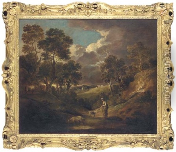 A Wooded Landscape With A Figure And Livestock By A Lake In The Foreground Oil Painting - Gainsborough Dupont