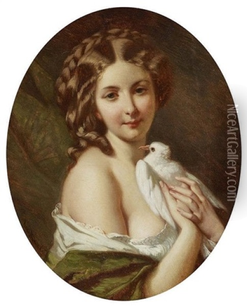Young Woman With Dove - Young Woman With Parrot (2 Works) Oil Painting - Karl Friedrich Johann von Mueller