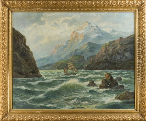 Ansicht Eines Fjordes Mit Bewegter See Und Gegen Die Wellen Ankampfendem Segler Oil Painting - Max Schroeder-Greifswald the Younger