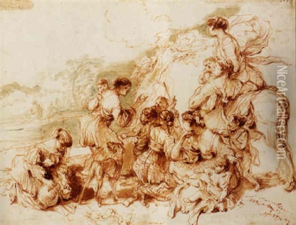 Une Scene De Transhumance: Femme Et Enfants Avec Un Chien Dans Un Paysage Oil Painting - Giovanni Benedetto Castiglione