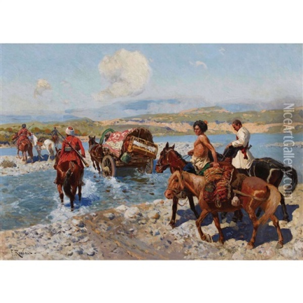 Tscherkessische Reiter Bei Der Durchquerung Einer Furt Oil Painting - Franz Roubaud
