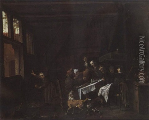 A Kitchen Interor With Figures Brawling At A Table Together With A Dog Oil Painting - Jan Josef Horemans the Younger