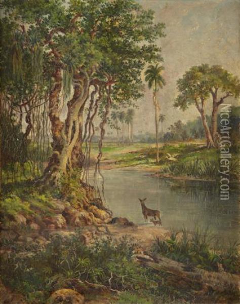 Landscape With Deer And Hunter Oil Painting - Esteban, Philippe Chartrand