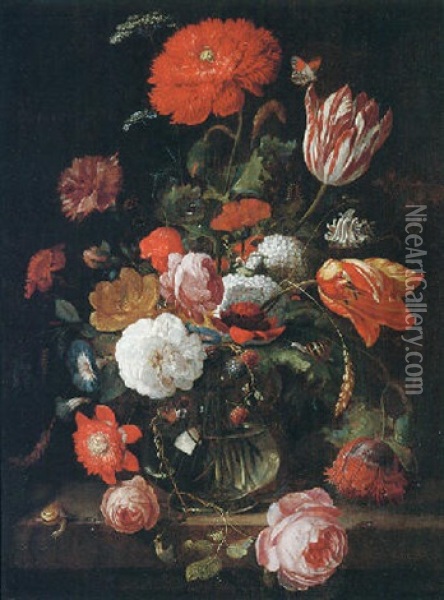 A Still Life Of Tulips, Roses, Blackberries, And Other Flowers In A Glass Vase, On A Stone Ledge Oil Painting - Hendrik Schoock