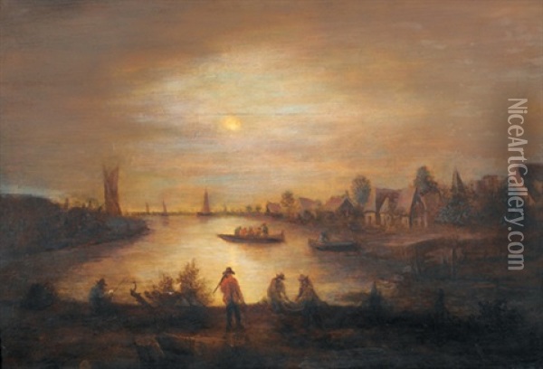 Flusslandschaft Mit Staffage Im Mondschein Oil Painting - Aert van der Neer