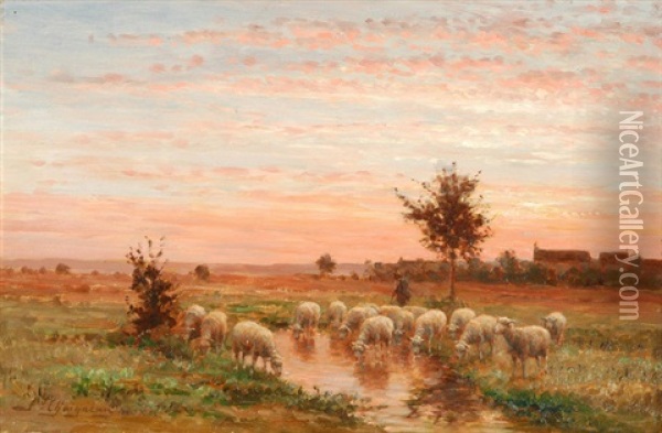 Teichlandschaft Im Abendrot, Im Vordergrund Ein Schafhirte Mit Seiner Herde Oil Painting - Jean Ferdinand Chaigneau