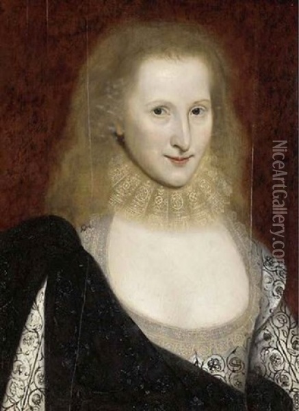 Portrait Of A Lady (anne Of Denmark?) In A White Embroidered Dress Oil Painting - Robert Peake the Elder