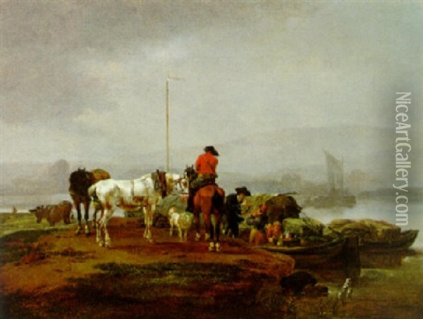 Reiter Am Flusufer Vor Einer Fahre Oil Painting - Jean-Louis Demarne