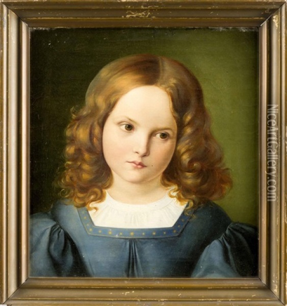 Brustbildnis Eines Jungen Madchens Im Blauen Kleid Mit Sternverziertem Saum, Den Kopf Sinnend Geneigt Oil Painting - Friedrich Wilhelm von Schadow