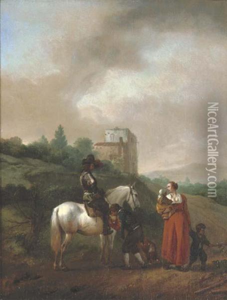 A Man On A White Horse Conversing With A Woman And Children On A Track Oil Painting - Pieter Wouwermans or Wouwerman