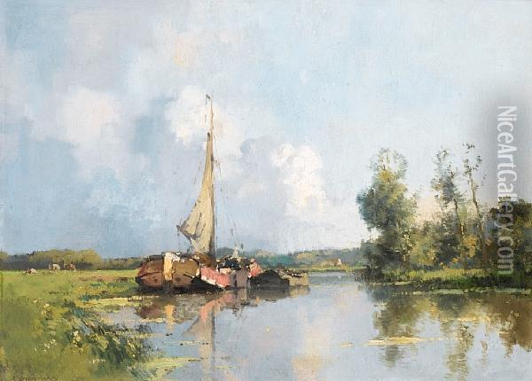 River Scene With Barges Oil Painting - Cornelis Vreedenburgh