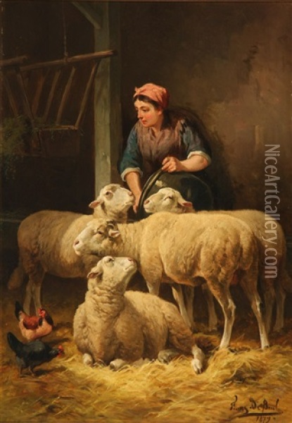 Shepherdess Feeding Sheep Oil Painting - Franz De Beul