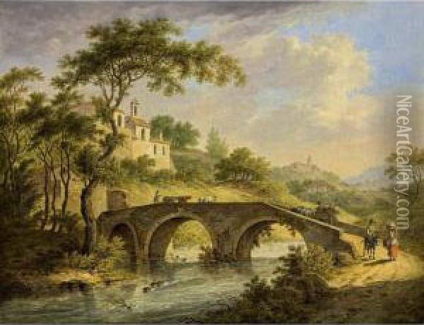 An Italianate Landscape With An 
Ox-drawn Cart And A Shepherd And His Cattle On A Bridge, Other 
Travellers Nearby And A View Of A Walled Town Nearby Oil Painting - Daniel Dupre