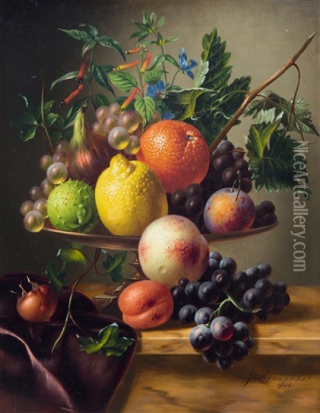A Still Life With A Lemon, Peach, Prune, Fig And Grapes Oil Painting - Johannes Reekers