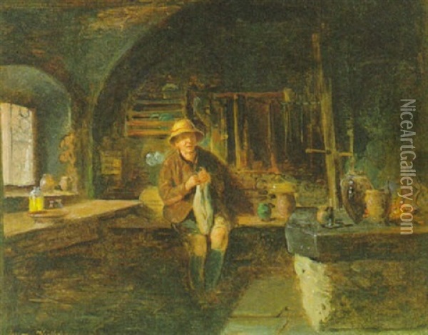 Strickender Bauer Im Tauernwirtshaus Oil Painting - Eduard Ritter