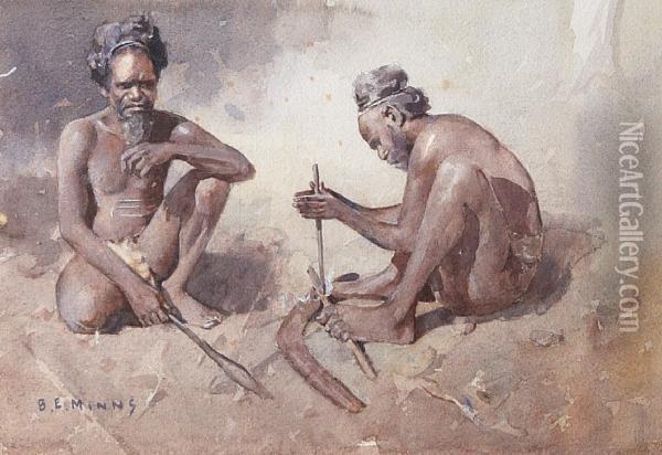 Two Aborigines Starting A Fire Oil Painting - Benjamin Edwin Minns