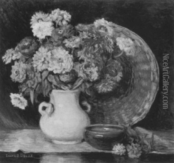 Floral Still Life With Woven Basket And Ceramic Bowl Oil Painting - Laura D. Stroud (Mrs. Westray) Ladd