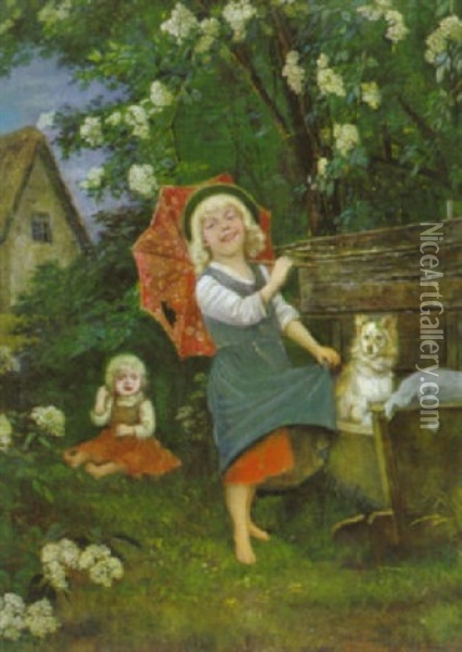 Zwei Spielende Madchen Unter Dem Bluhenden Hollunderbusch Mit Einem Hundchen In Der Wiege Oil Painting - Rudolf Hirth Du Frenes