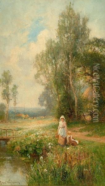 Mother And Child In A Summer Landscape Oil Painting - Ernst Walbourn