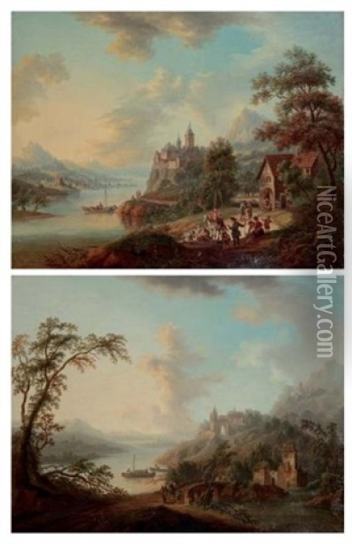 Vue Du Rhin (+ Another; Pair) Oil Painting - Christian Georg Schuetz the Younger