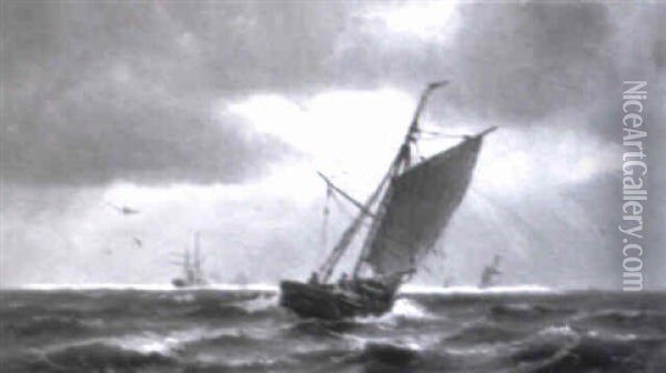 Marine Med Fiskerbade Pa Havet Oil Painting - Johan Jens Neumann