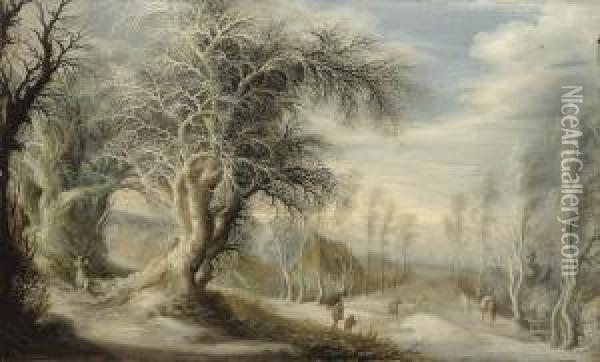 A Winter Landscape With A Woodsman And Travellers Oil Painting - Gijsbrecht Leytens