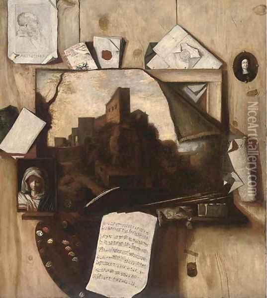 A trompe l'oeil of paintings, a drawing, an artist's palette, letters and a sheet of music Oil Painting - Antonio Mara, Lo Scarpetta