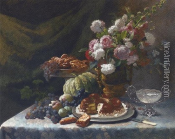 Roses And Chrysanthemums In An Urn Alongside Fruit And A Chocolate Cake On A Draped Table Oil Painting - Frans Mortelmans