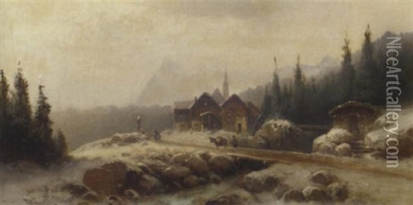 An Alpine Village In Winter Oil Painting - Anton Doll
