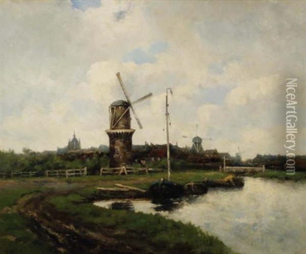 Mills By River De Dieze (molens Langs Riviertje De Dieze Met Op De Achtergrond Een Zicht Op 's-hertogenbosch) Oil Painting - Hendricus Jansen