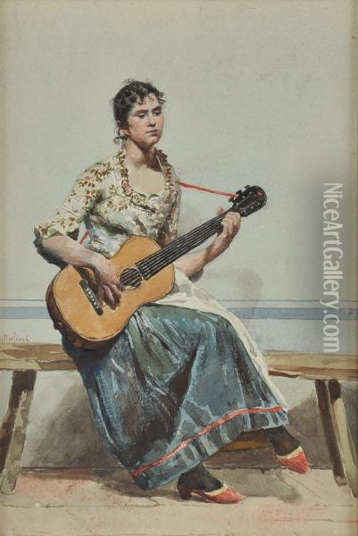 Young Woman With Guitar Oil Painting - A Mattalini