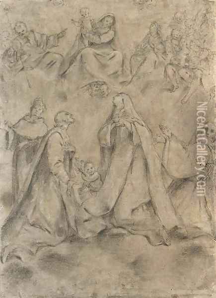 The Madonna and Child with Saint Joseph and angels appearing to a cardinal, a prelate, a Benedictine nun and a Carthusian saint, above the towers of a Oil Painting - Lombard School