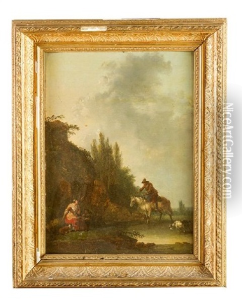 Shepherds Resting By The Water With Horse Rider In Landscape Oil Painting - Johann Christian Brand